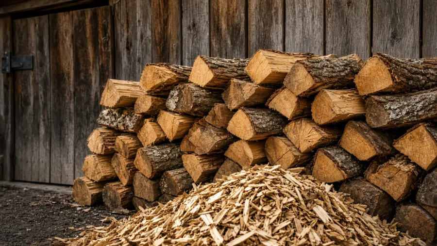 Bois de chauffage empilé et copeaux