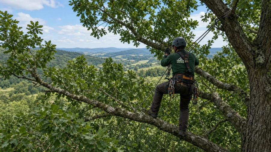 Élagage d’un grand arbre par un grimpeur encordé, vu de loin