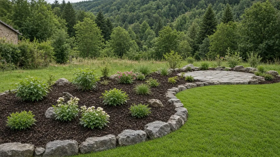 Nouveau massif planté et terrasse en bois fraîchement aménagés