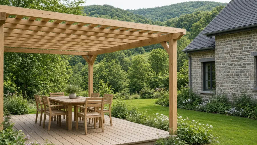 Pergola en bois couvrant une terrasse accolée à une maison en pierre