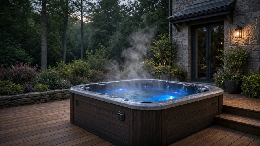 Spa rigide installé sur une terrasse en bois, au bord d’un jardin arboré