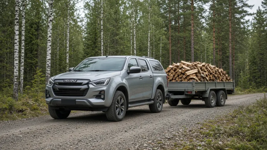 Pick-up gris de ML Terre & Bois tractant une remorque chargée de bois